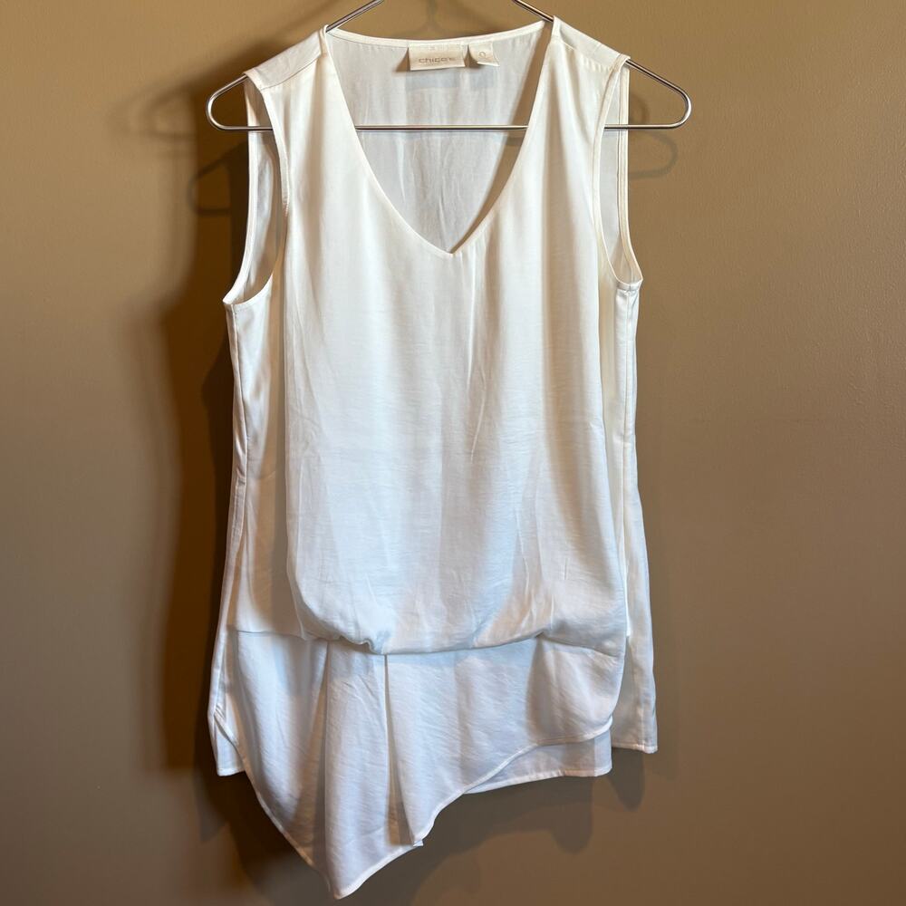 Chicos Womens Sleeveless V Neck Ruffle Ivory Blouse Top Sz 0 Silky Feel